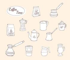 Coffee brewing tools hand-drawn set. Coffee utensils, coffee machine, cup, kettle, jug, beans, and ground coffee in a pack. Isolated elements for cafe, menu, and coffee shop. vector