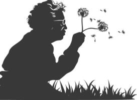 silhouette elderly woman blows dandelion flower black color only vector