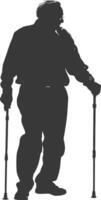 silhouette elderly man with walking stick full body black color only vector