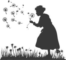 silhouette elderly woman blows dandelion flower black color only vector