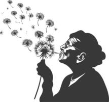 silhouette elderly woman blows dandelion flower black color only vector