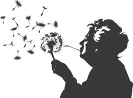 silhouette elderly woman blows dandelion flower black color only vector