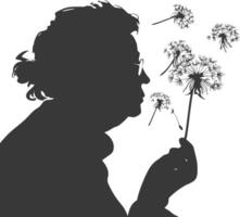 silhouette elderly woman blows dandelion flower black color only vector