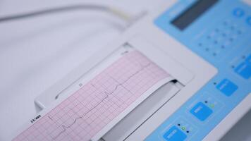 Electrocardiogram check up in clinics. Electrocardiograph machine giving the paper with heart beat curve line. Close up. video