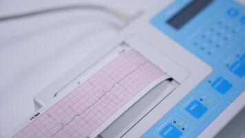 électrocardiogramme vérifier en haut dans cliniques. électrocardiographe machine donnant le papier avec cœur battre courbe doubler. proche en haut. video