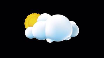 3D cloud and sun animation. Cartoon fluffy cloud and sun icon. Cartoon cloud and sun. Realistic fluffy cloud and sun. 4K seamless loop animation. Transparent background with alpha channel video