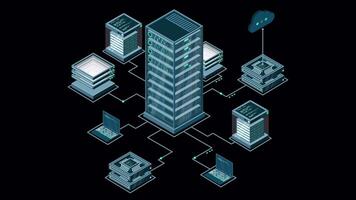 Isometric computer technology animation. Computation of big data center. Cloud computing. Online devices upload and download information. Transparent background with alpha channel video