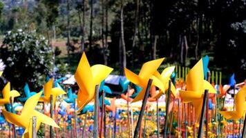 of colorful garden with pinwheels rotating simultaneously when blown by the wind. Pinwheel garden and amusement park in Bandung, Asia. Travel destinations. 4K Resolution 30 Fps video