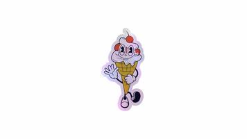 Sticker cartoon ice cream figure exuding joy and cheerfulness, reminiscent of classic animations. Alpha channel transparency video