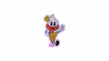 Sticker cartoon ice cream figure exuding joy and cheerfulness, reminiscent of classic animations. Alpha channel transparency video