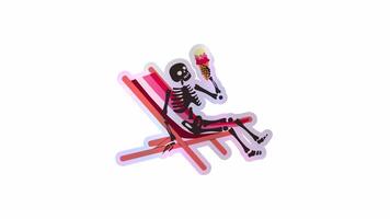 Funny Skeleton sitting on a deck chair with an ice cream. Cute character Skeleton Bones. Alpha channel transparency video