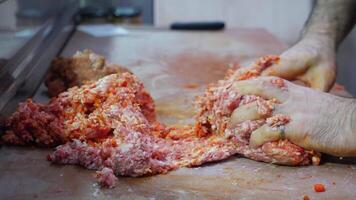 Hands are mixing ground meat in the kitchen as part of preparing a delicious dish video