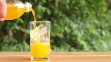 Colorful soft drinks poured into glasses and placed on the table. There is a natural background. video