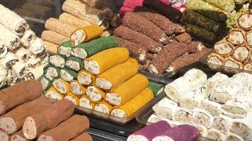 Traditional Turkish Delights displaying for sale at market video