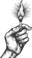 hand holding burning match with engraving style black color only vector