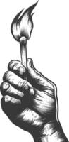 hand holding burning match with engraving style black color only vector
