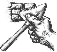 hand holding brick trowel for construction with engraving style black color only vector
