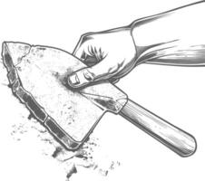 hand holding brick trowel for construction with engraving style black color only vector