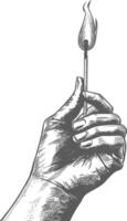 hand holding burning match with engraving style black color only vector