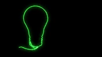 Self drawing animation one continuous line draw, logo, electric light bulb, idea. Blazing green flame, energy video