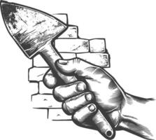 hand holding brick trowel for construction with engraving style black color only vector