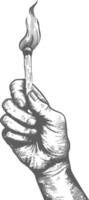 hand holding burning match with engraving style black color only vector