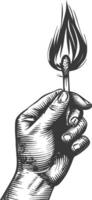 hand holding burning match with engraving style black color only vector