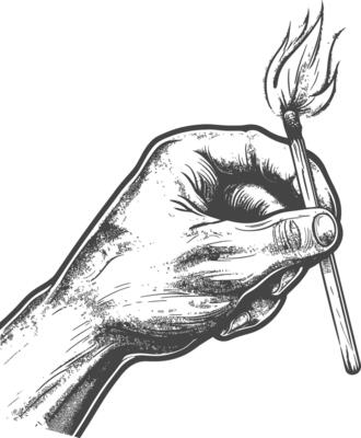 hand holding burning match with engraving style black color only