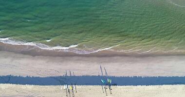 top view drone of surfers getting ready to surf on the shore, aerial footage video