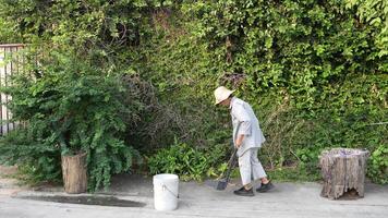 antiguo asiático mujer toma cuidado de plantas en el jardín de su hogar. video