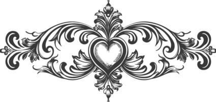 horizontal line divider with Hearth shape Baroque engraving style black color only vector