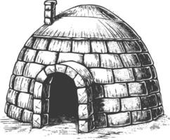 igloo the Eskimo tribal House with engraving style black color only vector