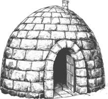 igloo the Eskimo tribal House with engraving style black color only vector