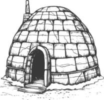 igloo the Eskimo tribal House with engraving style black color only vector