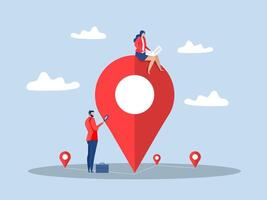 Location search, businessman search with magnifying glass with map location pin to map or directions to navigate or find position style. vector