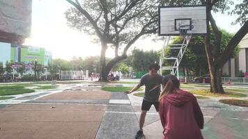 el masculino y hembra baloncesto jugadores práctica utilizando el pelota en el parque Corte diligentemente y felizmente. video