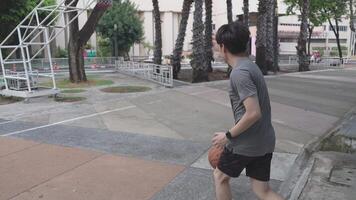 a masculino e fêmea basquetebol jogadoras prática usando a bola dentro a parque quadra diligentemente e Felizmente. video