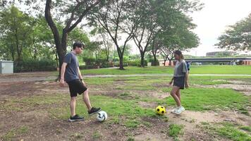 masculino e fêmea futebol jogadoras prática usando a bola dentro a parque campo diligentemente e Felizmente. video