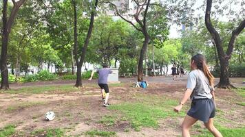 manlig och kvinna fotboll spelare öva använder sig av de boll i de parkera fält flitigt och lyckligt. video
