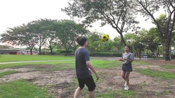 masculino e fêmea futebol jogadoras prática usando a bola dentro a parque campo diligentemente e Felizmente. video