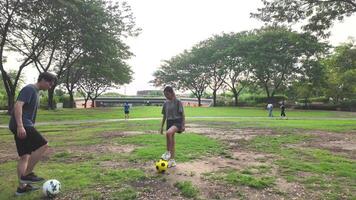 männlich und weiblich Fußball Spieler trainieren mit das Ball im das Park Feld fleißig und glücklich. video