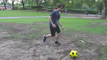 uomo giocando calcio nel parco campo video
