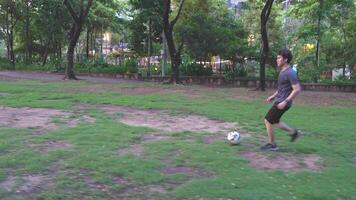 manlig och kvinna fotboll spelare öva använder sig av de boll i de parkera fält flitigt och lyckligt. video