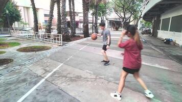 de mannetje en vrouw basketbal spelers praktijk gebruik makend van de bal in de park rechtbank ijverig en gelukkig. video