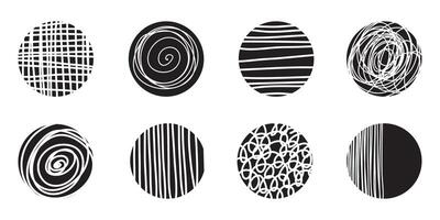 Set of round Abstract black Backgrounds or Patterns. Hand drawn doodle shapes. Spots, drops, curves, Lines. Contemporary modern trendy illustration. Posters, Social media Icons templates vector