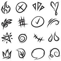 Hand drawn set elements, Abstract arrows, ribbons, hearts, stars, crowns and other elements in a hand drawn style for concept designs. Scribble illustration. vector