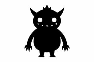 Monochromatic cartoon monster with claws and horns. Fantasy creature, scary character concept, horror theme. Black silhouette isolated on white background. vector