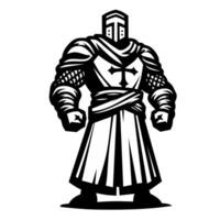 Black-and-white illustration of a medieval knight in full armor with a cross on his chest, standing powerfully. Detailed and bold lines highlight the knight's strength and historical theme. vector