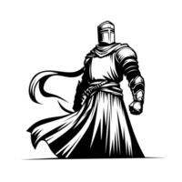 Black-and-white illustration of a medieval knight in full armor with a cloak, standing heroically. Detailed line work emphasizes the knight's strength and historical fantasy theme. vector