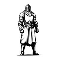 Black-and-white illustration of a medieval knight in full armor with a cloak, standing heroically. Detailed line work emphasizes the knight's strength and historical fantasy theme. vector